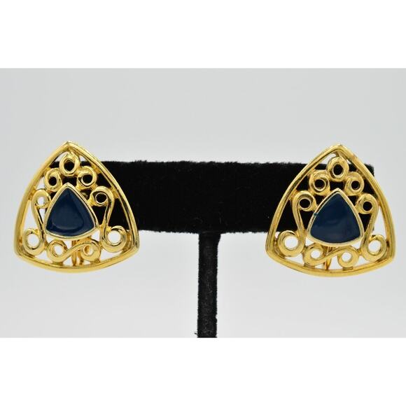 Vintage Triangle Clip Earrings Gold Tone Navy Blue Enamel Geometric NOS 1980s W4 - Picture 1 of 5